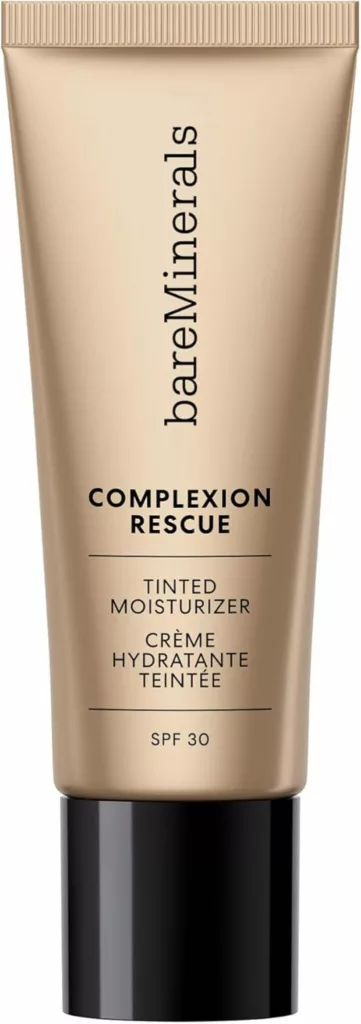 Ilustramos um frasco da base com protetor solar BareMinerals Complexion Rescue Tinted Hydrating Gel Cream SPF 30 ideal para sua pele