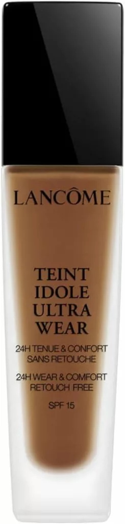 Ilustramos um frasco da base para pele ideal para peles negras Base Facial Lancôme Teint Idole Ultra Wear Tons Escuros 12 Ambre