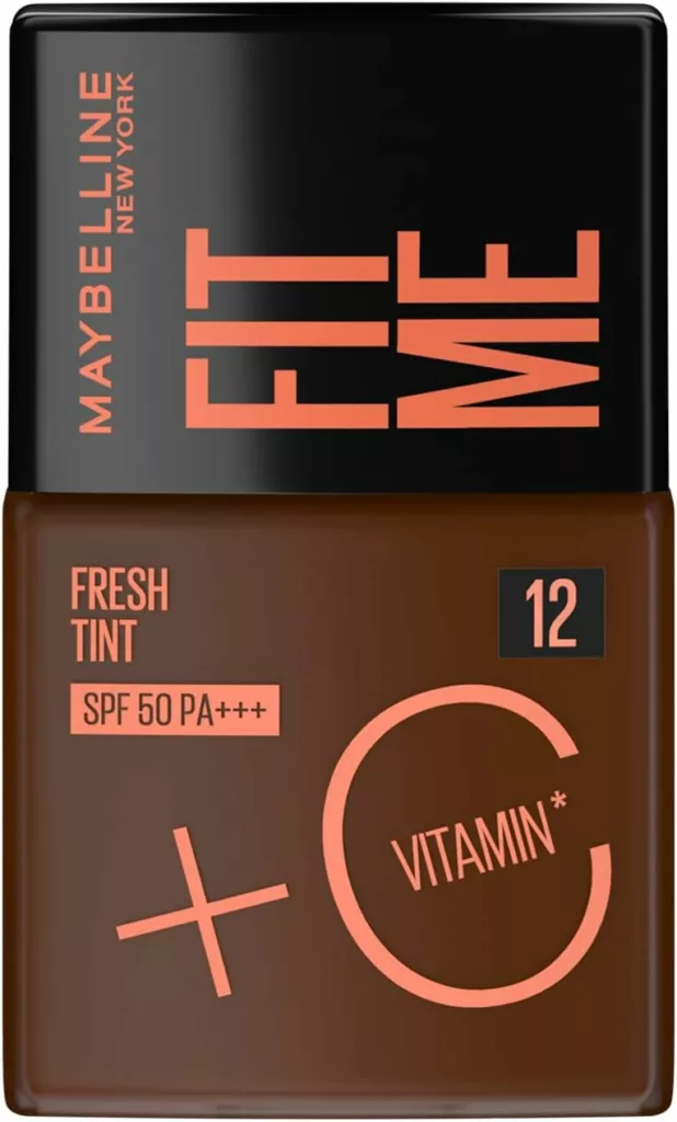 Um frasco da base para pele ideal para peles negras Base Líquida Maybelline NY Fit Me Fresh Tint com Vitamina C e FPS50 COR 12 30ml