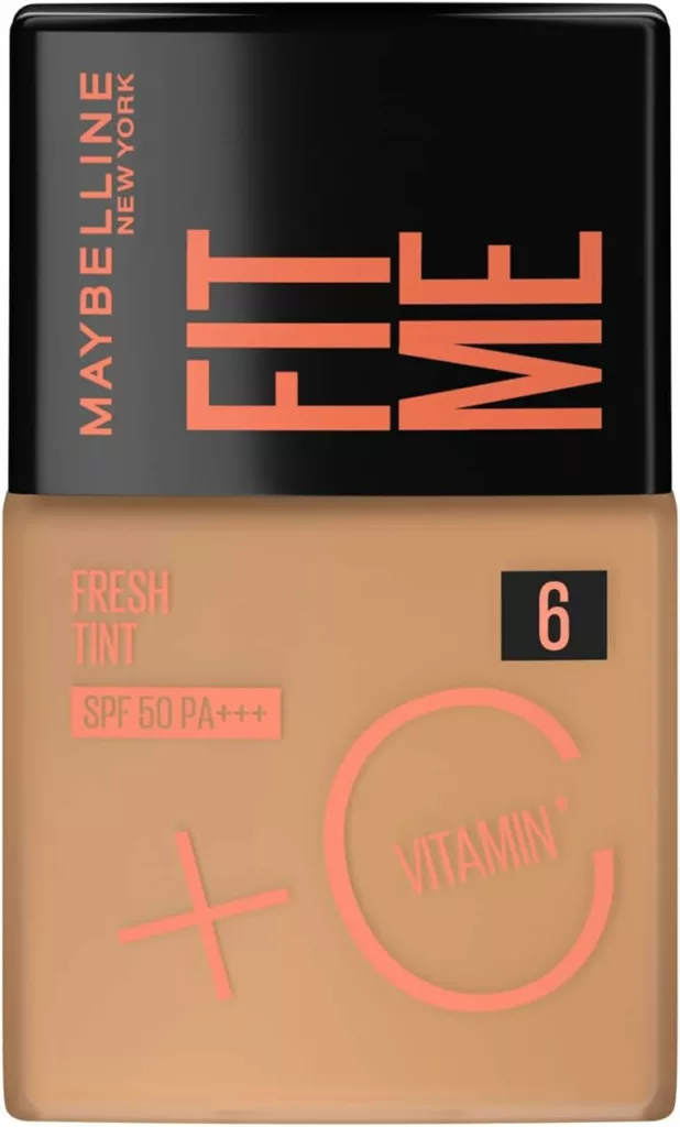 Ilustramos nessa imagem um frasco da base Líquida Maybelline NY Fit Me Fresh Tint SPF 50 ideal para peles claras