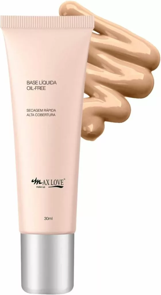 Ilustramos nessa imagem um frasco da base para pele Max Love Base Matte Oil-Free ideal para pele madura e com bom preço