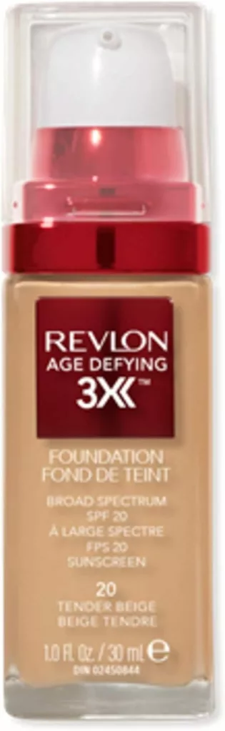 Ilustramos nessa imagem um frasco da base com protetor solar Revlon Age Defying 3X Makeup Foundation SPF 20 ideal para sua pele