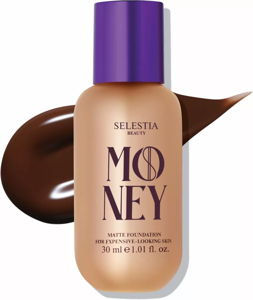 Ilustramos um frasco de base matte para pele Selestia Beauty Money Matte Foundation